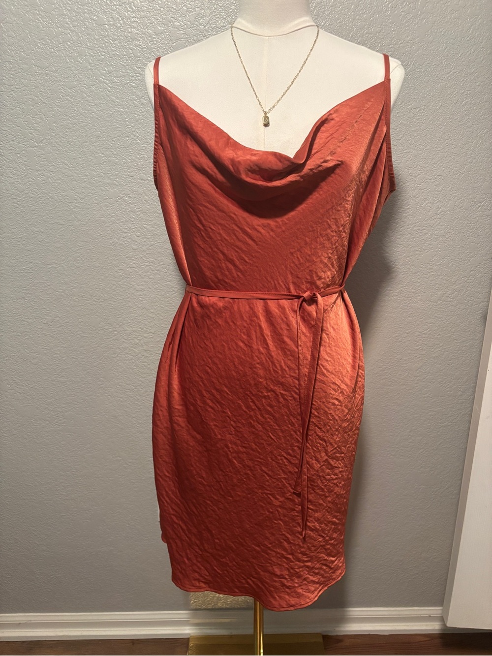 Maurices Crinkle Rust Satin Cowl-Neck Midi Dress